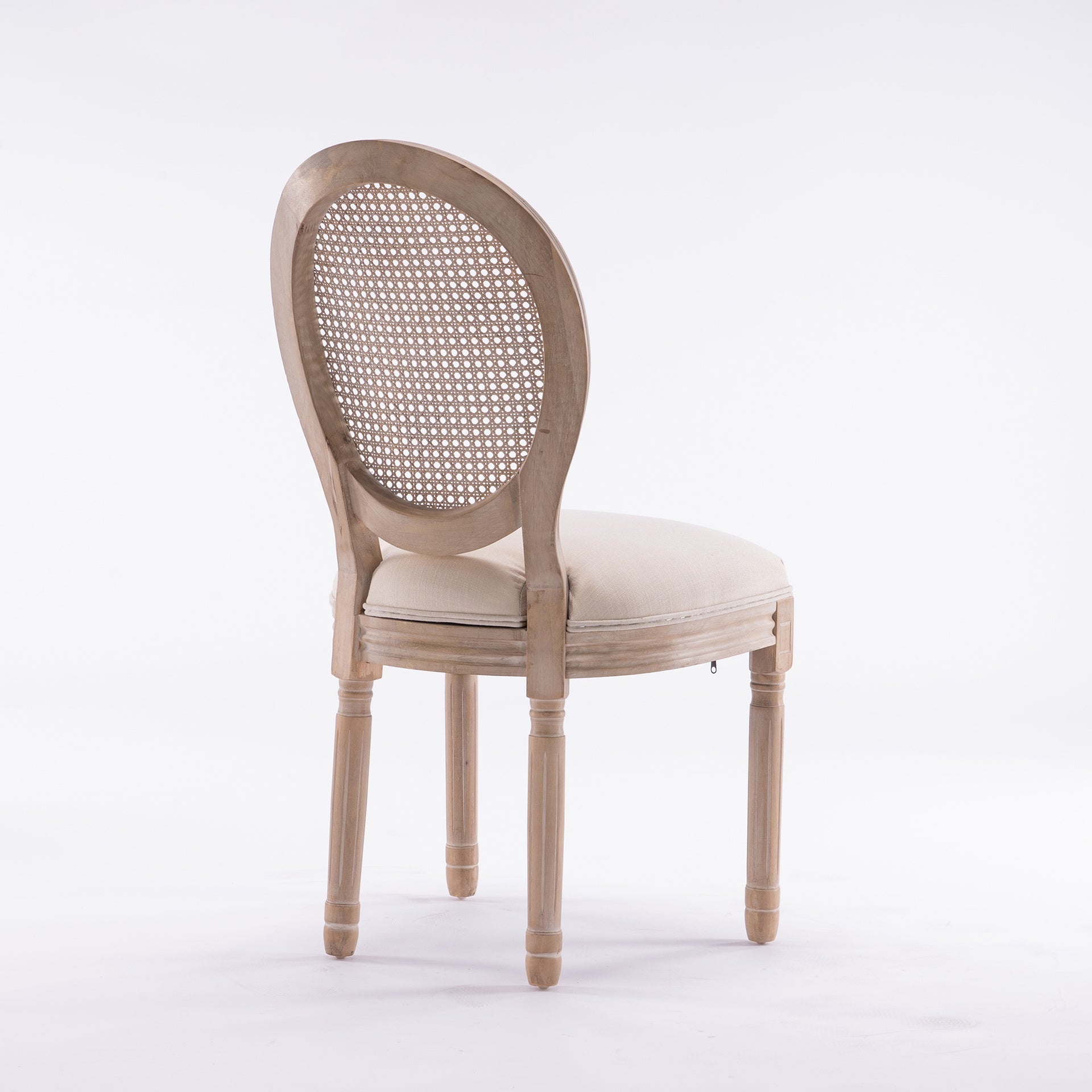 French Style Solid Wood Frame Linen Fabric Rattan Back Dining Chair,Set of 2, Beige