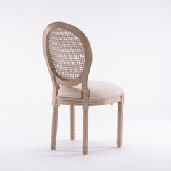 French Style Solid Wood Frame Linen Fabric Rattan Back Dining Chair,Set of 2, Beige