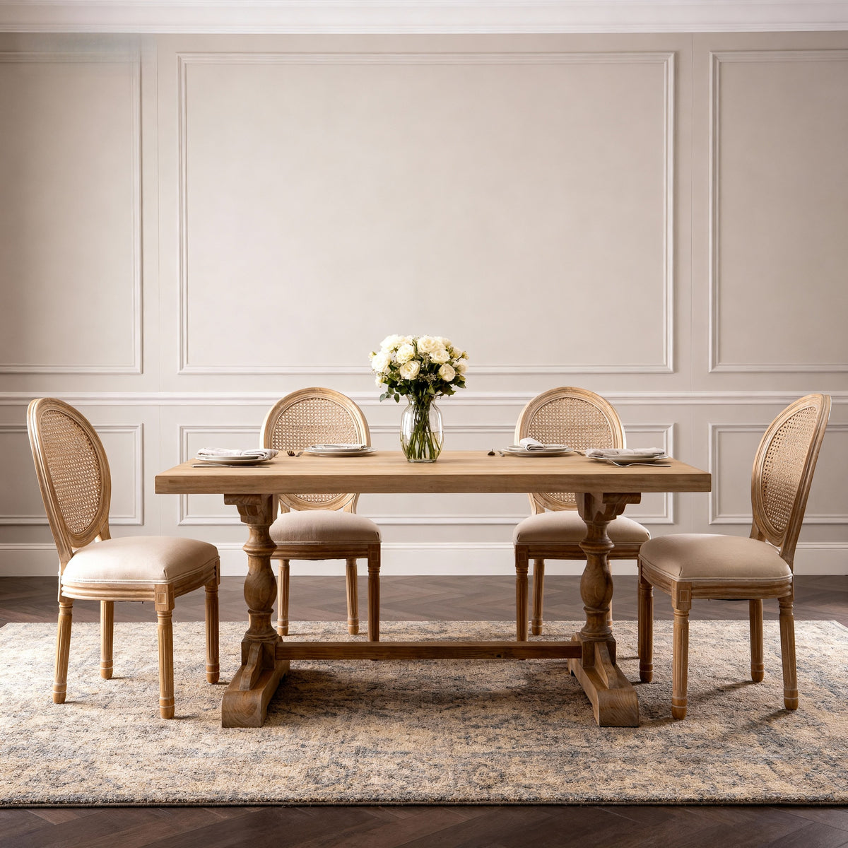 French Style Solid Wood Frame Linen Fabric Rattan Back Dining Chair,Set of 2, Beige