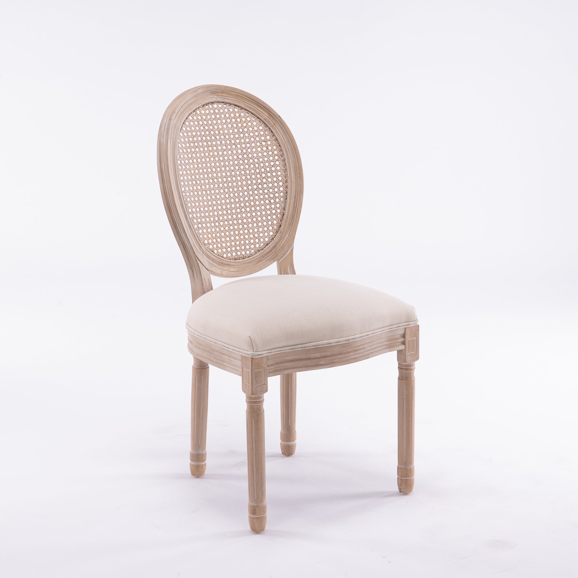 French Style Solid Wood Frame Linen Fabric Rattan Back Dining Chair,Set of 2, Beige