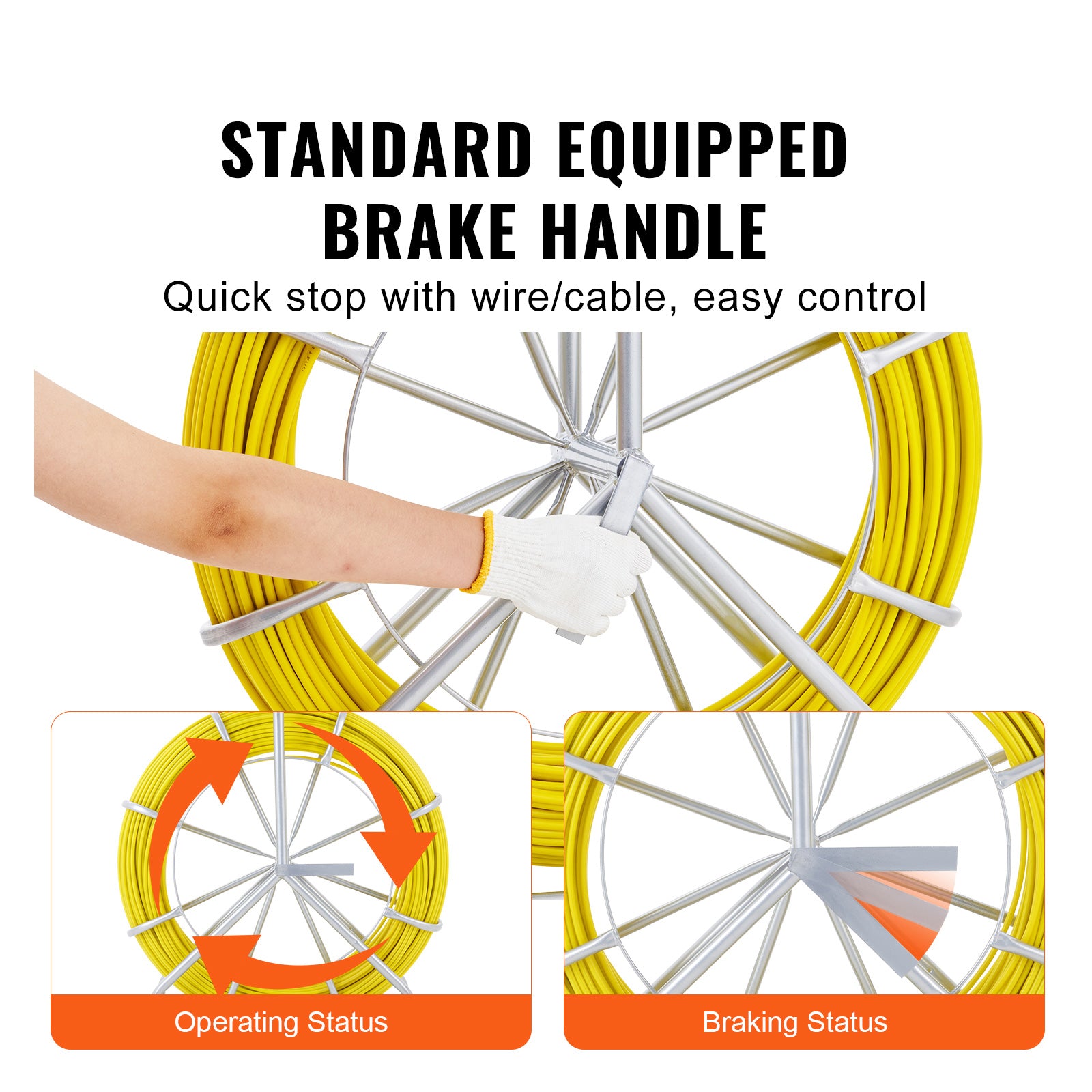 Fish Tape Fiberglass, 656 ft, 1/4 inch, Duct Rodder Fishtape Wire Puller, Cable Running Rod with Steel Reel Stand, 3 Pulling Heads, Fishing Tools for Walls and Electrical Conduit, Non-Conductive