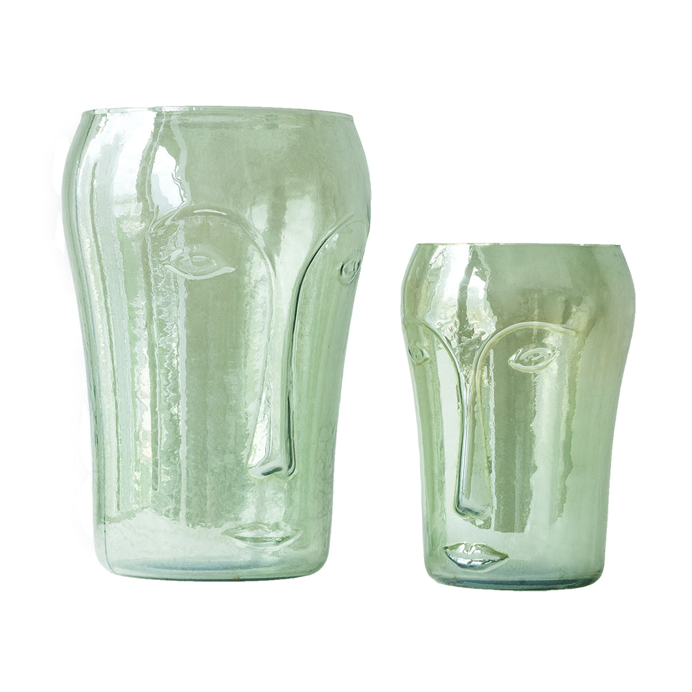 S/2 Decorative Green Glass Vases with Face Motifs