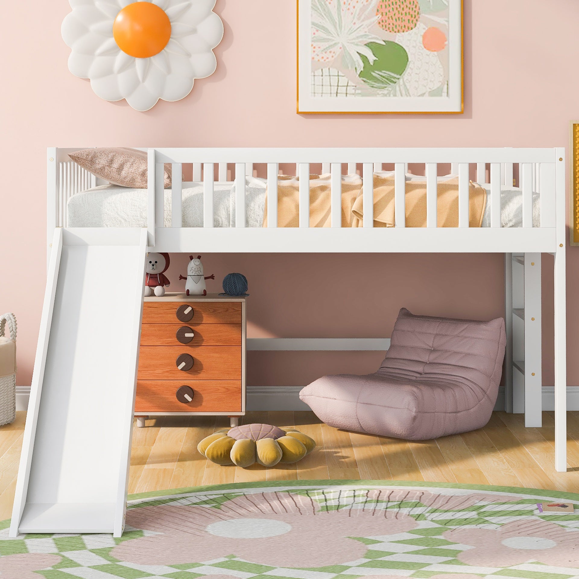 Full Size Low Loft Bed with Ladder and Slide,White