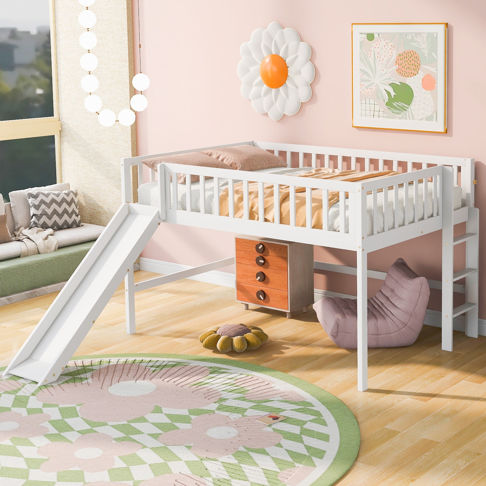 Full Size Low Loft Bed with Ladder and Slide,White