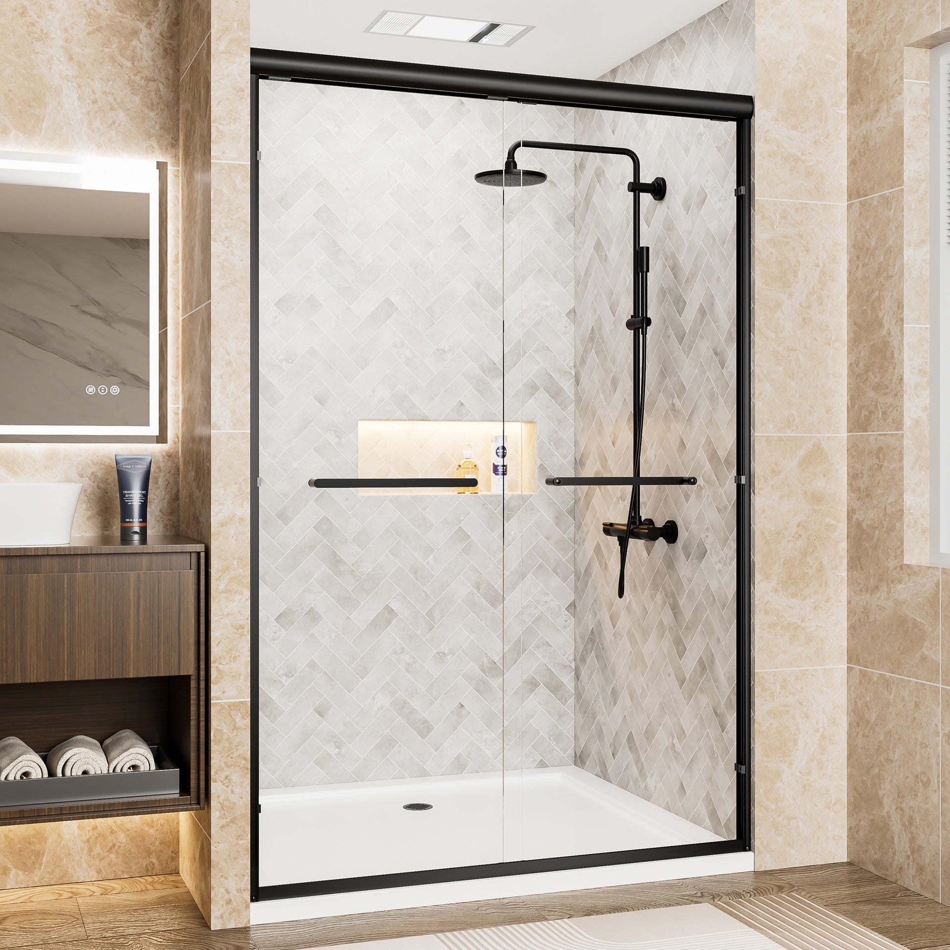 44"-48" W x 72" H Matte Black Aluminum Frame Double Sliding Shower Door, 1/4" (6mm) Clear Tempered Glass With Explosion-proof Film, Dual Stainless Steel Handles