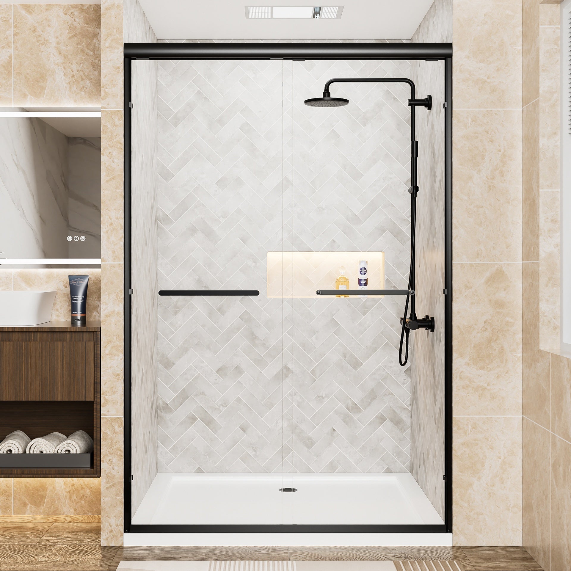 44"-48" W x 72" H Matte Black Aluminum Frame Double Sliding Shower Door, 1/4" (6mm) Clear Tempered Glass With Explosion-proof Film, Dual Stainless Steel Handles