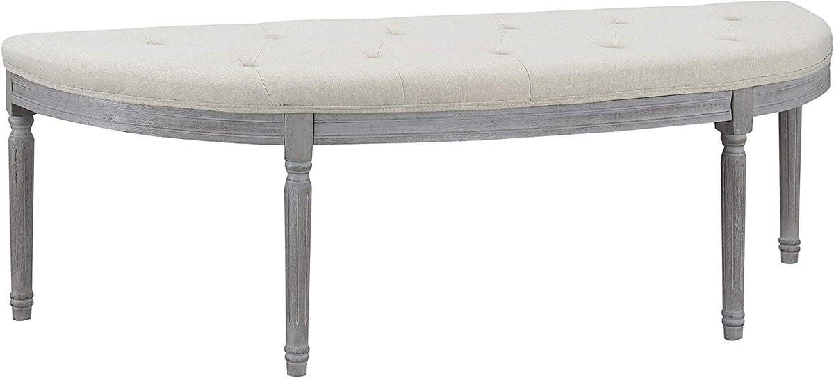 Coastal Button Tufted Light Beige Upholstered Bench with Weathered Gray Legs