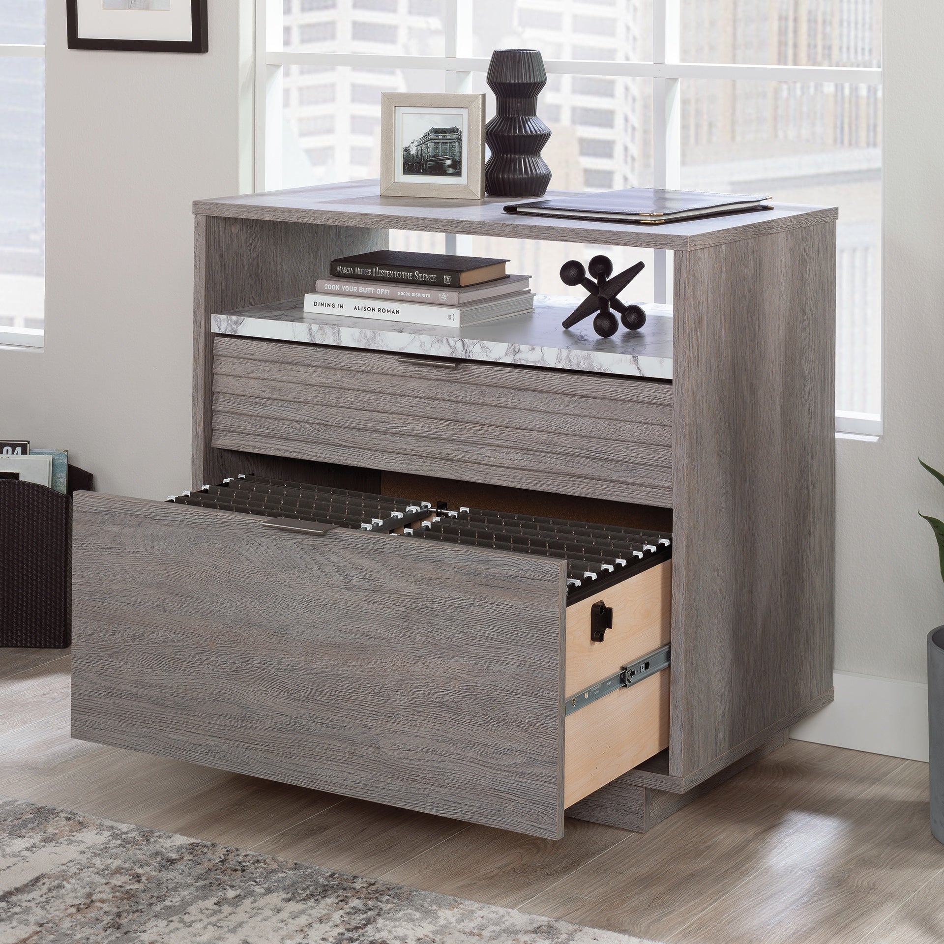 Lateral File with Two Drawers, Medium Gray finish