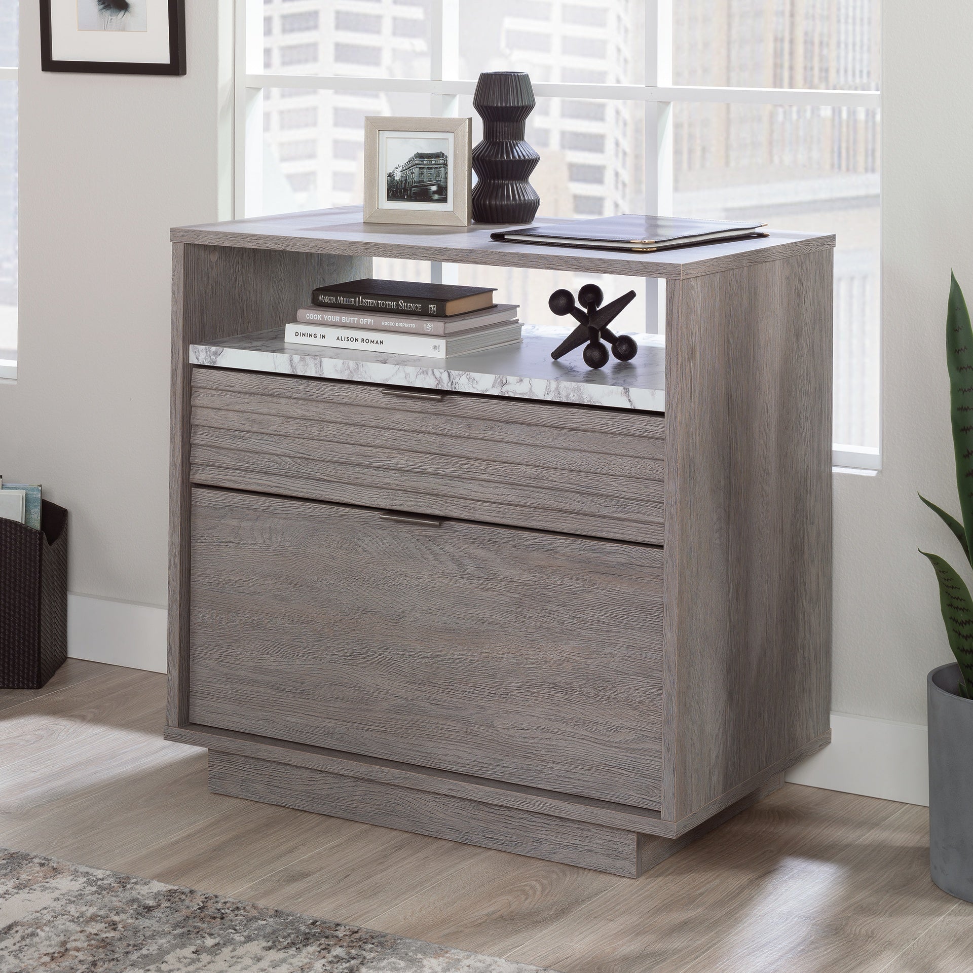 Lateral File with Two Drawers, Medium Gray finish