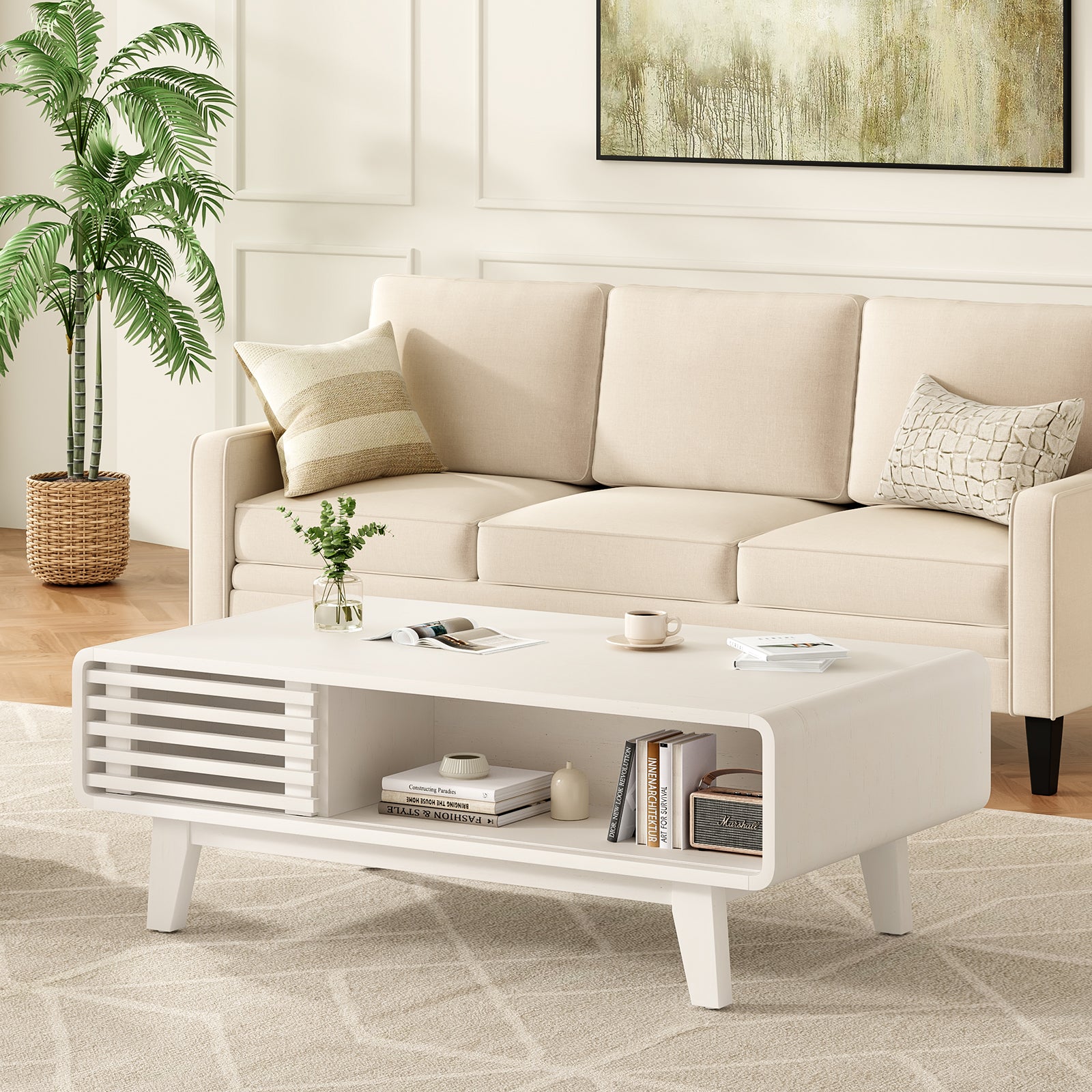 Coffee Table, Living Room Tables, Modern Table with Storage, Mid Century Farmhouse Wood Coffee Table for Living Room