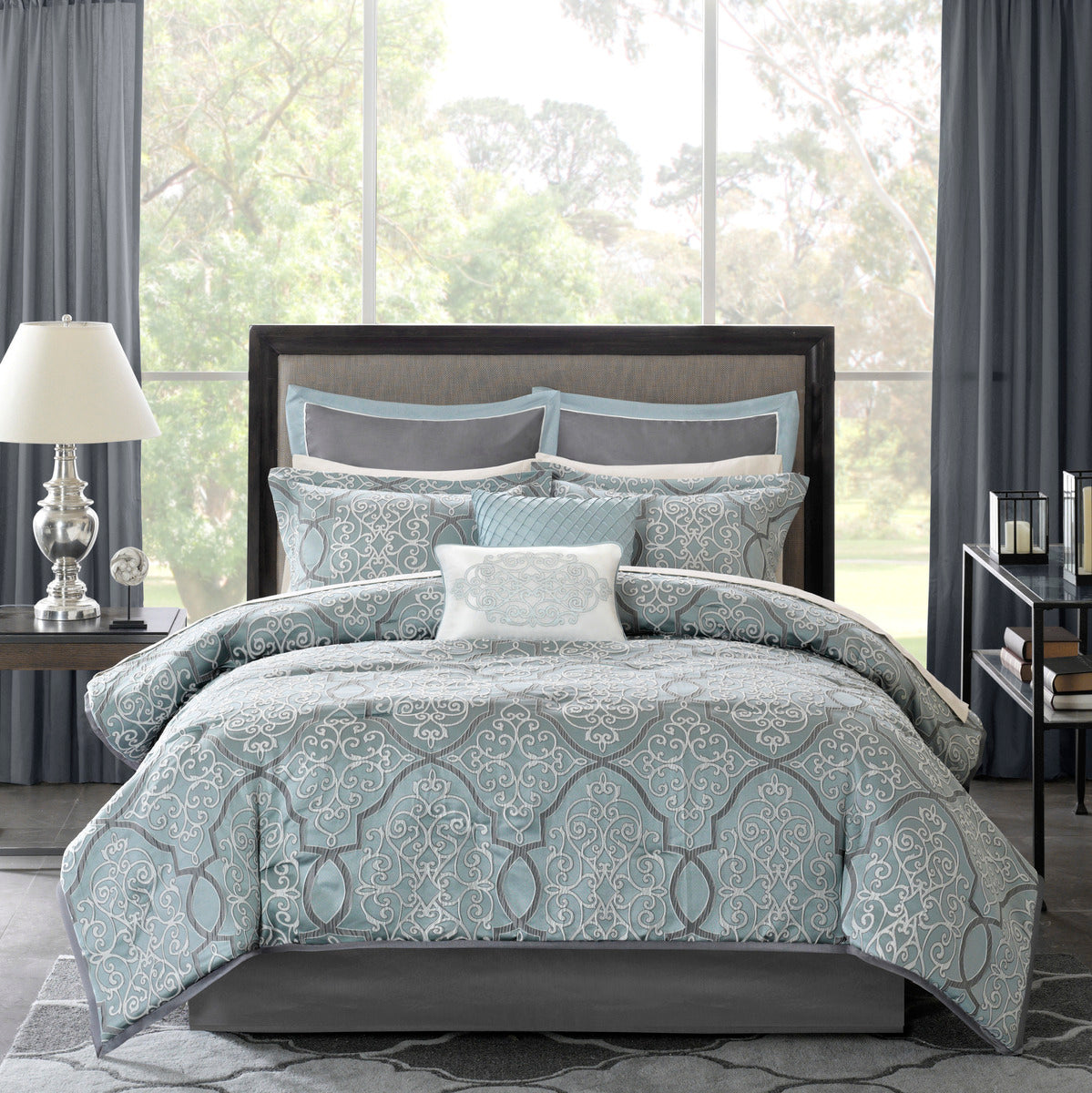 12 Piece Comforter Set with Cotton Bed Sheets Blue Cal King