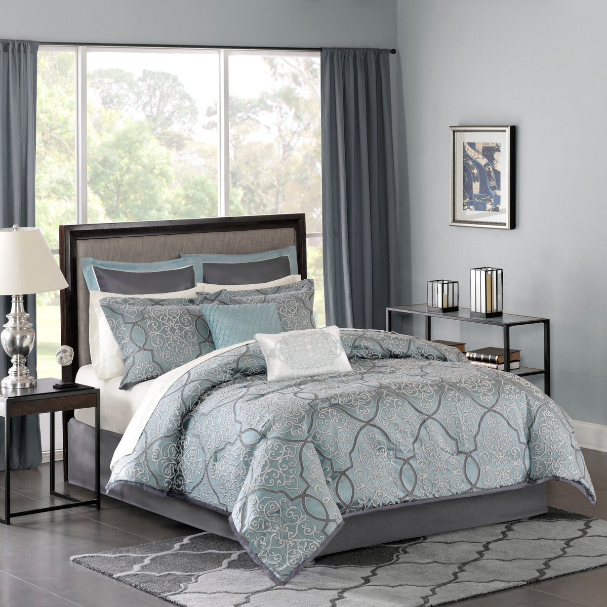 12 Piece Comforter Set with Cotton Bed Sheets Blue Cal King