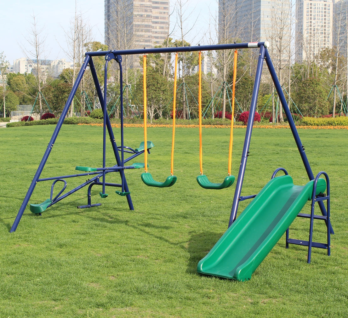 4 in 1 Swing Set With Seesaw, Belt Swing, Slide, Glider for Backyard