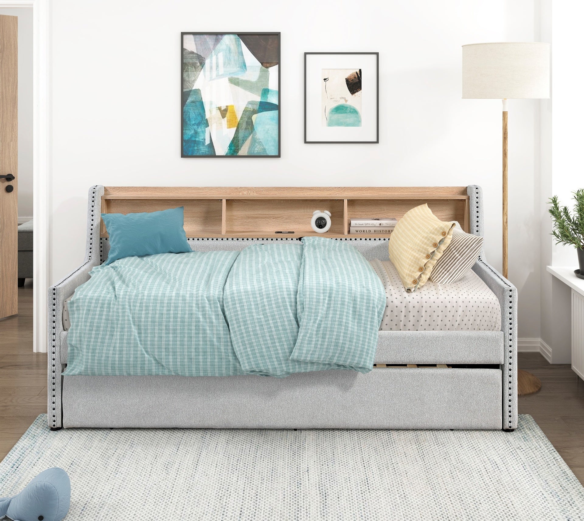 1pc Light Gray Daybed with Pull-Out Trundle Bookcase Side Panel Charging Ports Nailhead Trim Modern Design Furniture