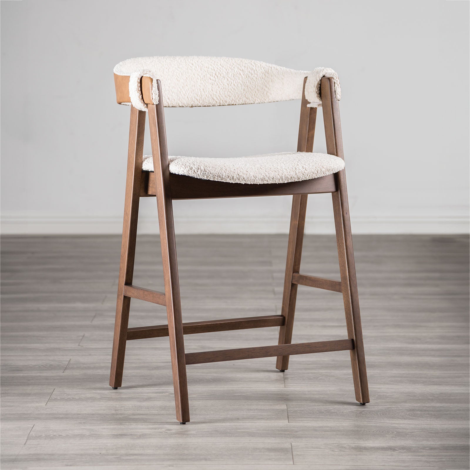 Mid-Century Modern 2pc Counter Stool Padded Seat And Back Curved Panel Back Walnut And Beige Finish