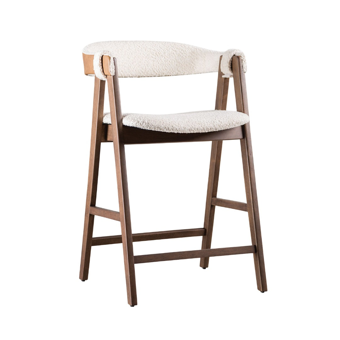 Mid-Century Modern 2pc Counter Stool Padded Seat And Back Curved Panel Back Walnut And Beige Finish