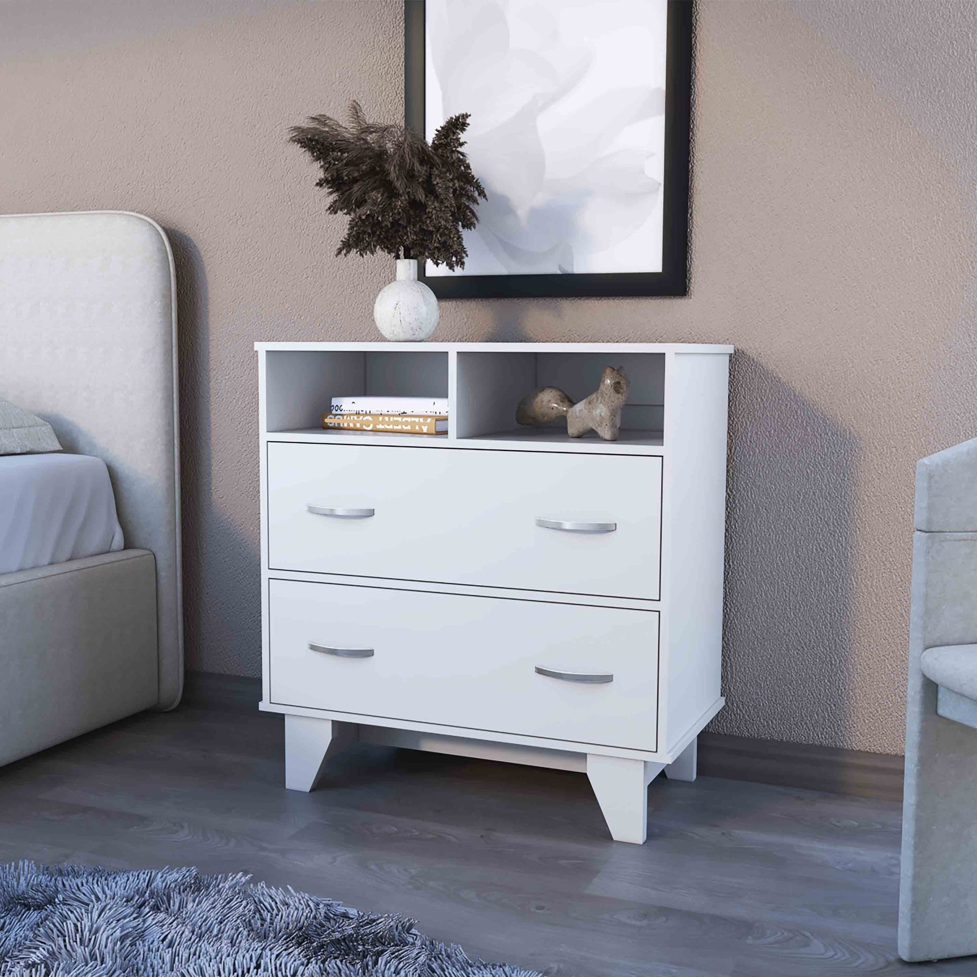 Portobelo Two Drawer Dresser, Two Shelves, Superior Top, Four Legs