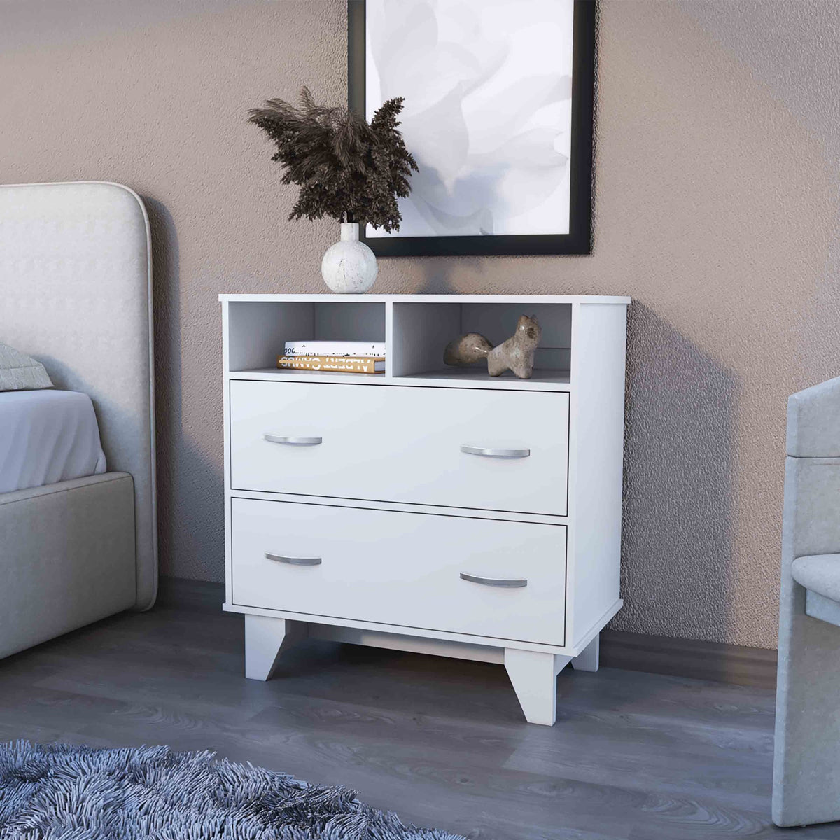 Portobelo Two Drawer Dresser, Two Shelves, Superior Top, Four Legs
