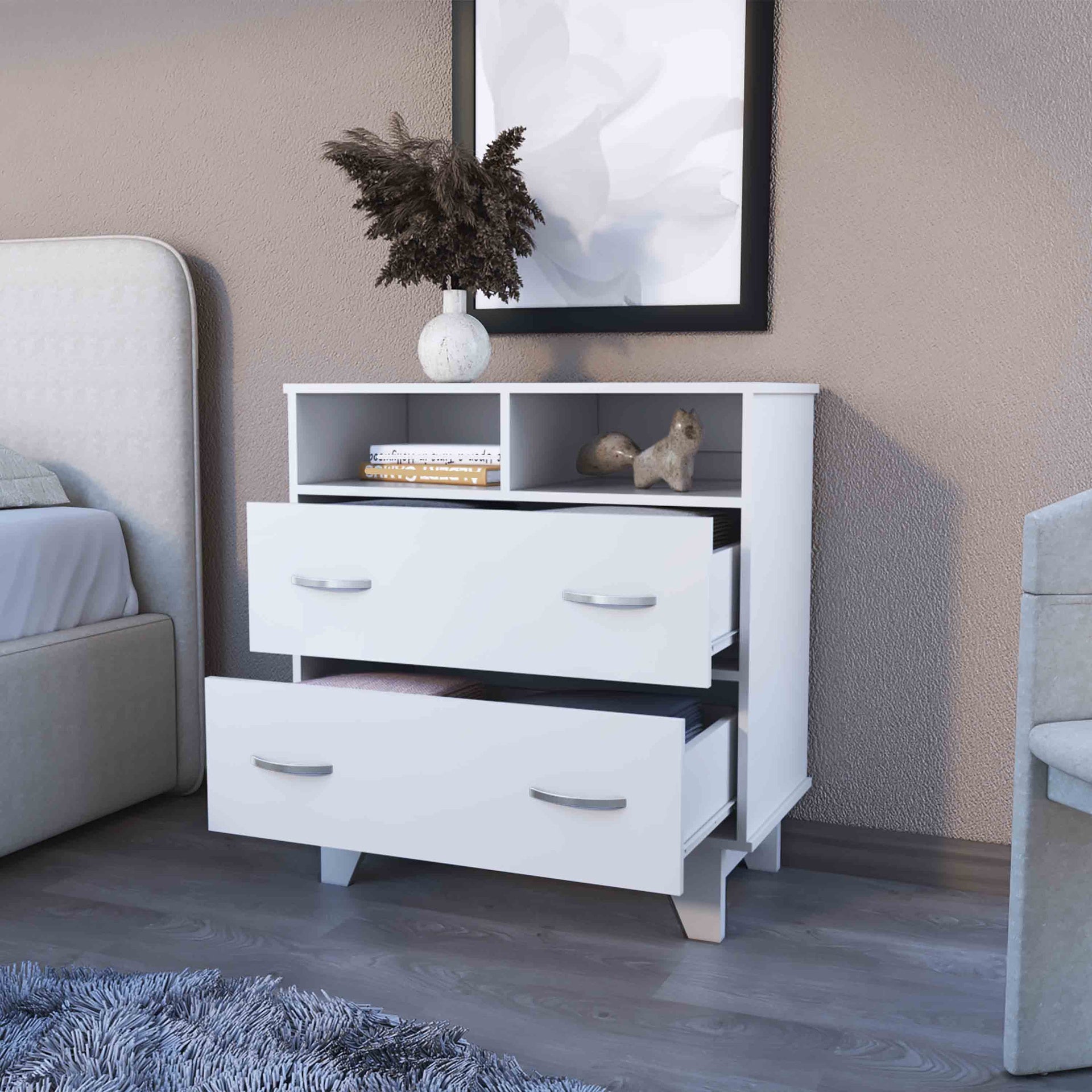 Portobelo Two Drawer Dresser, Two Shelves, Superior Top, Four Legs