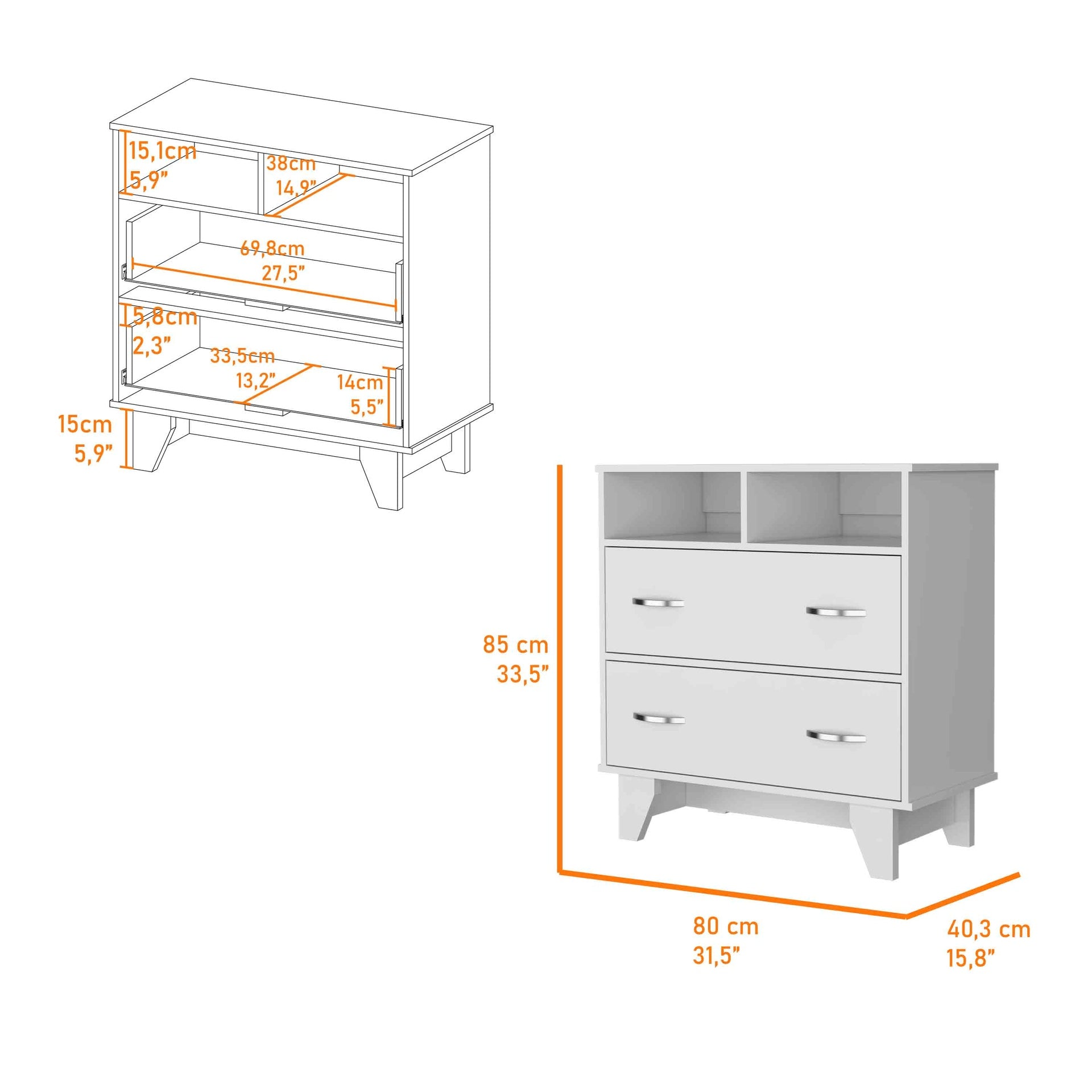 Portobelo Two Drawer Dresser, Two Shelves, Superior Top, Four Legs
