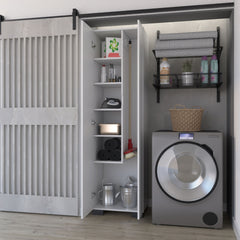 FM FURNITURE Aiken Broom Cabinet with Storage Shelves and Broom Hangers, White