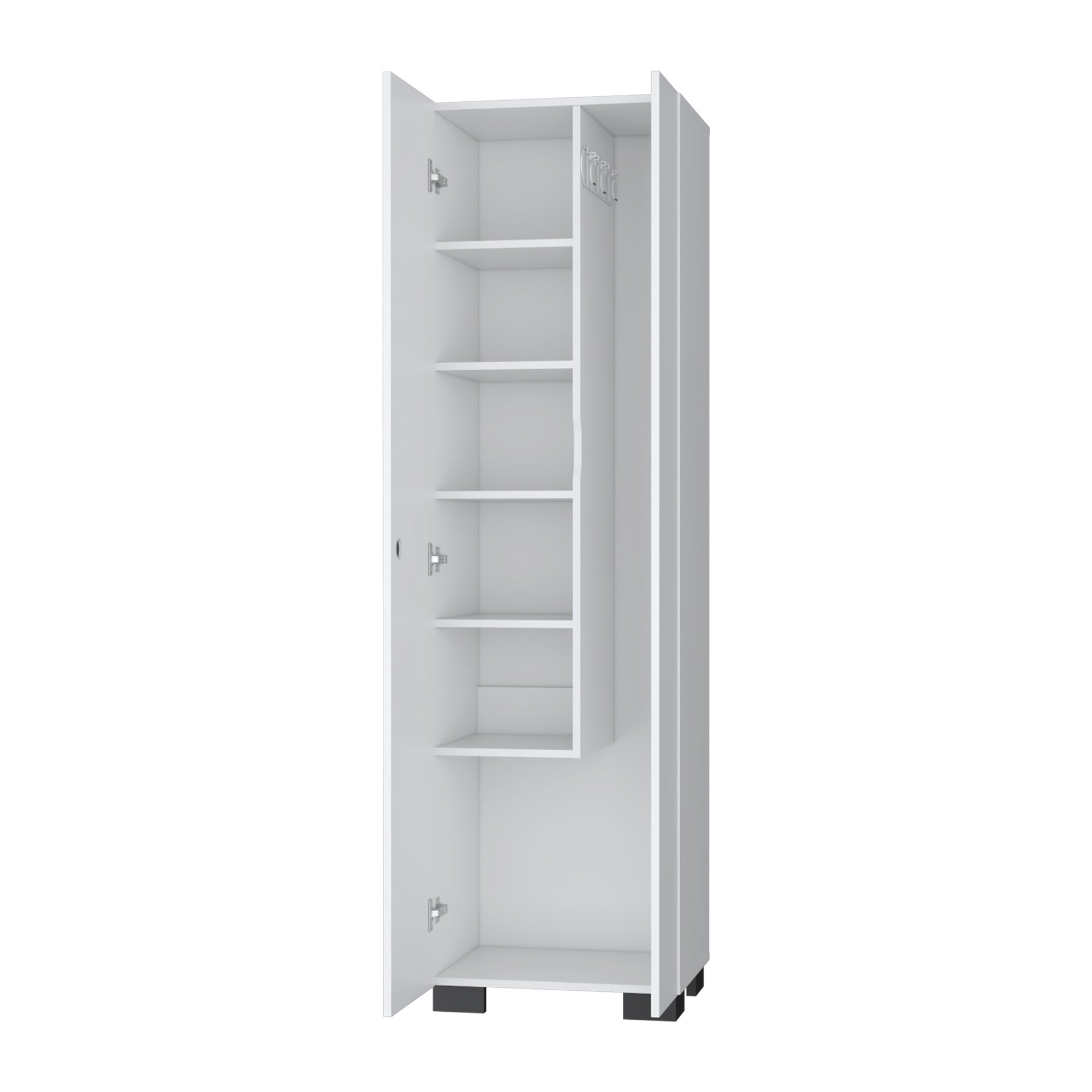 FM FURNITURE Aiken Broom Cabinet with Storage Shelves and Broom Hangers, White