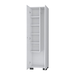 FM FURNITURE Aiken Broom Cabinet with Storage Shelves and Broom Hangers, White