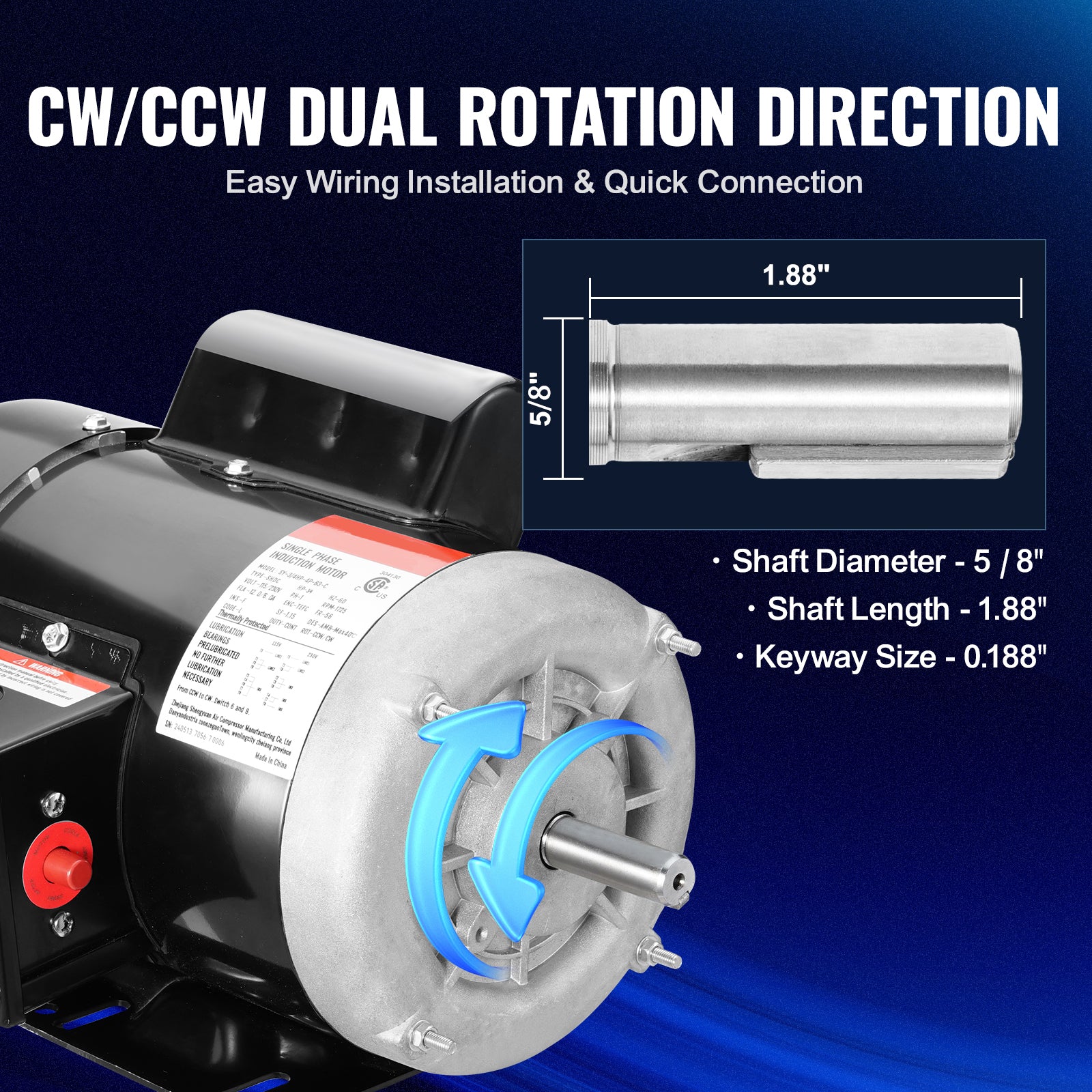 0.75HP Electric Motor 1725rpm, AC 115V/230V, 56 Frame, Air Compressor Motor Single Phase, 5/8" Keyed Shaft, CW/CCW Rotation for Agricultural Machinery and General Equipment