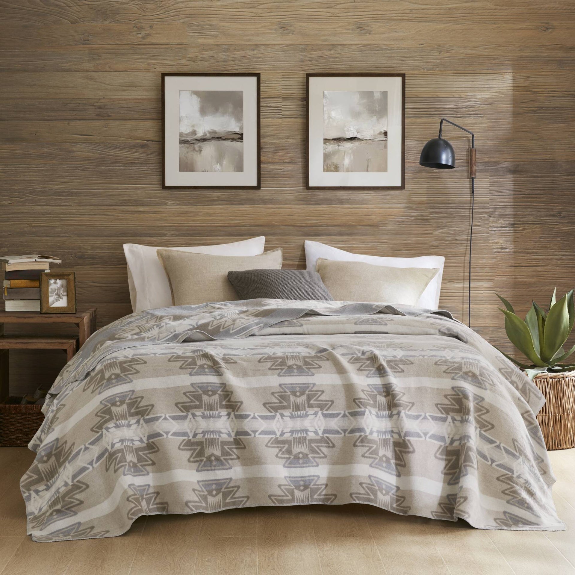 1-Piece Full/Queen Cotton Blend Blanket, Neutral Aztec