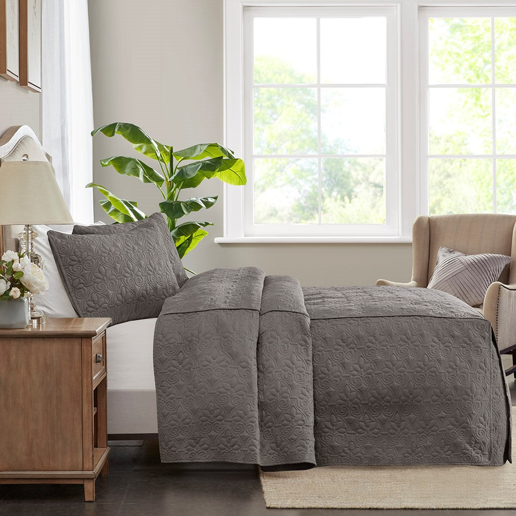 3 Piece Split Corner Pleated Quilted Bedspread Dark Grey Queen