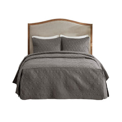 3 Piece Split Corner Pleated Quilted Bedspread Dark Grey Queen
