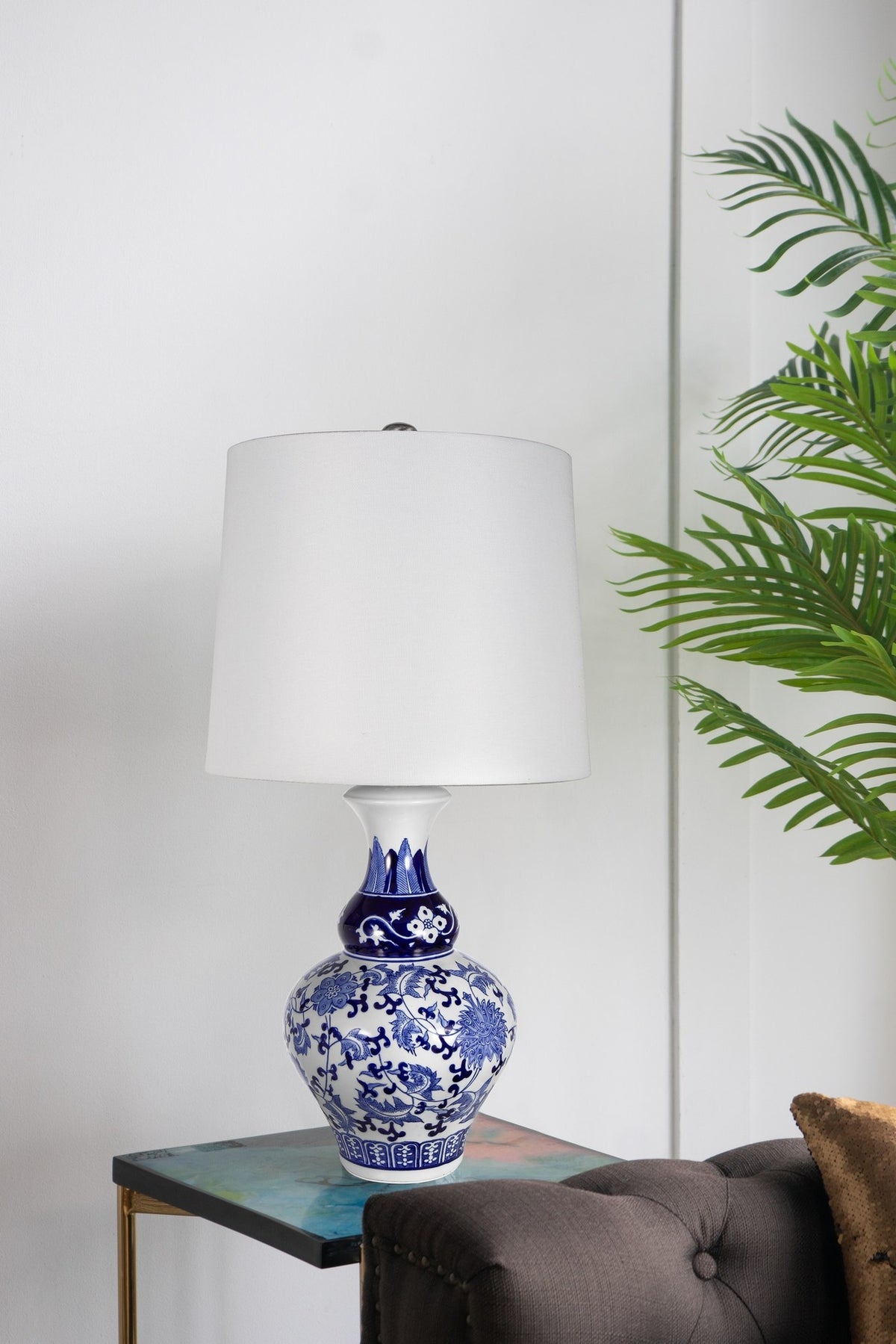 D14x27.6" Blue and White Round Ceramic Vase Lamp