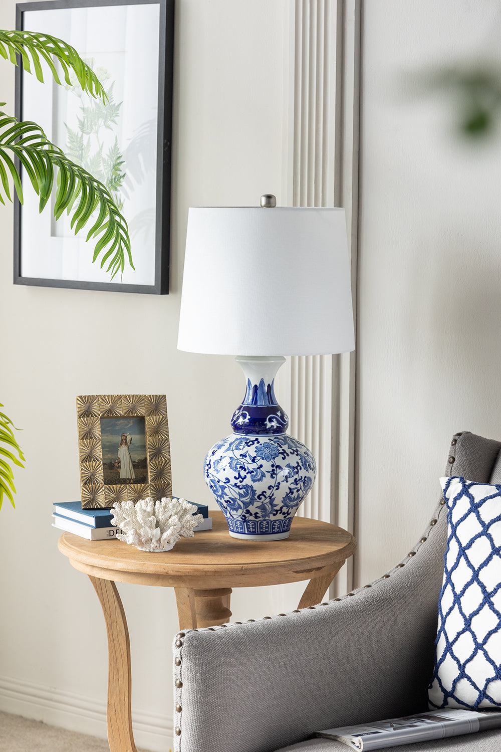 D14x27.6" Blue and White Round Ceramic Vase Lamp