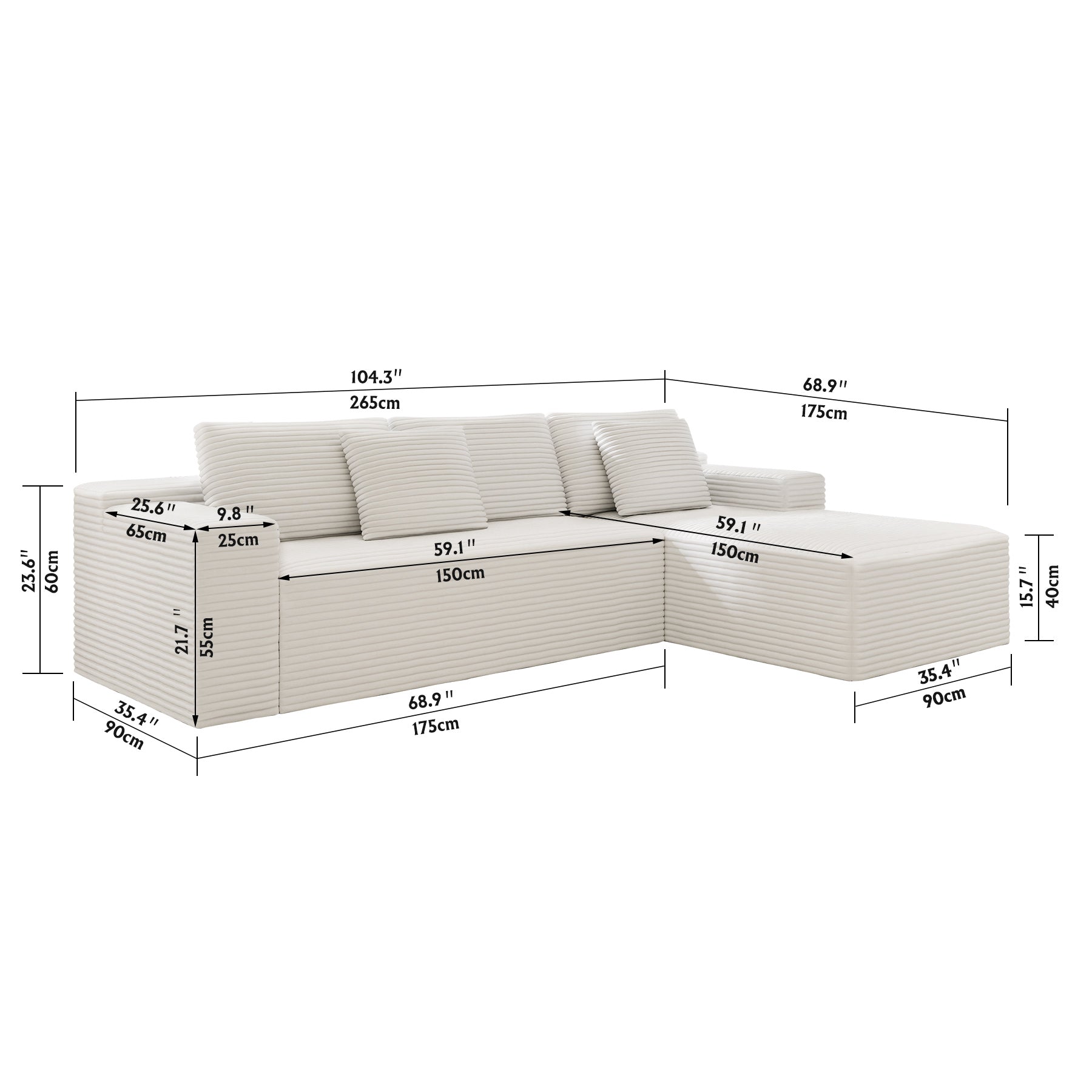 104.3*68.9"Modular sectional sofa seat,Upholstered compressed couch for living room,Bedroom,Apartment,No assembly required,2PC free combination,Plush corduroy fabric,WHTIE