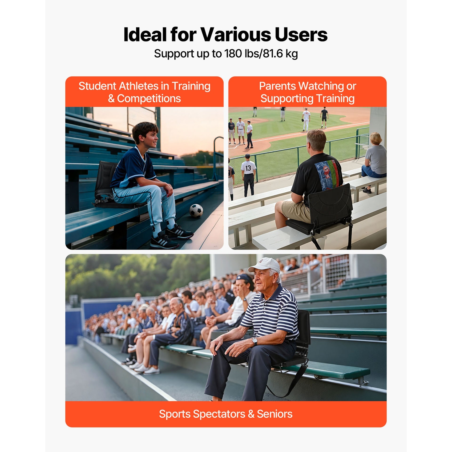Stadium Seat, Folding Bleacher Chair with Back Support and Thick Cushion, Padded Stadium Seat for Bleacher Includes Shoulder Strap, Hooks, Cup Holder, Lycra Material, Side Pocket, PP Material