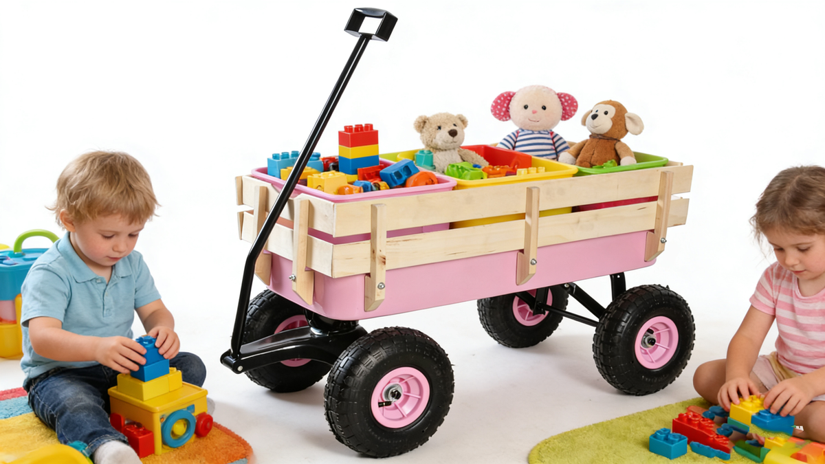 Outdoor Wagon All Terrain Pulling w/Wood Railing Air Tires Garden Cart