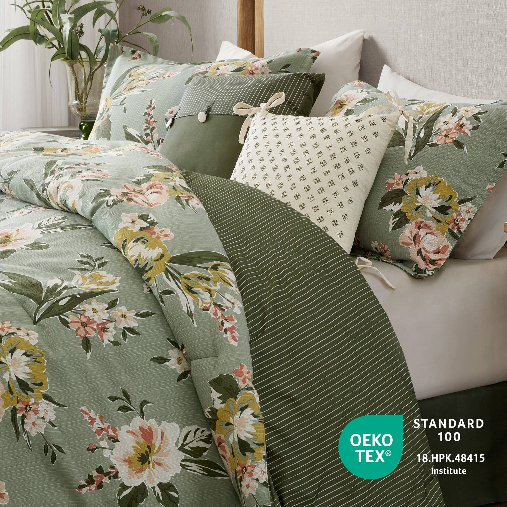 7-Piece King Vintage Floral Comforter Set, Green
