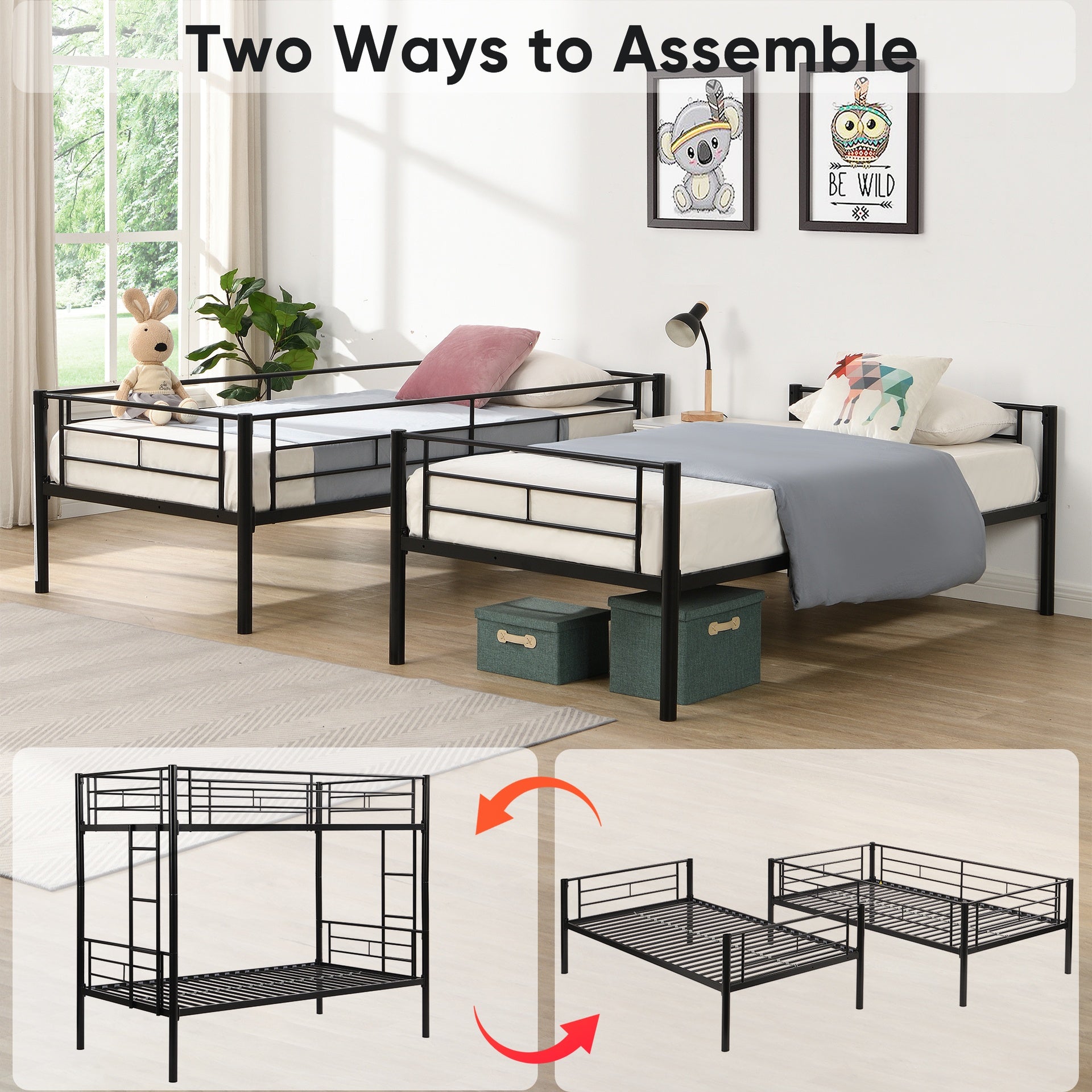 Twin Over Twin  Metal  Bunk Bed with trundle  Black