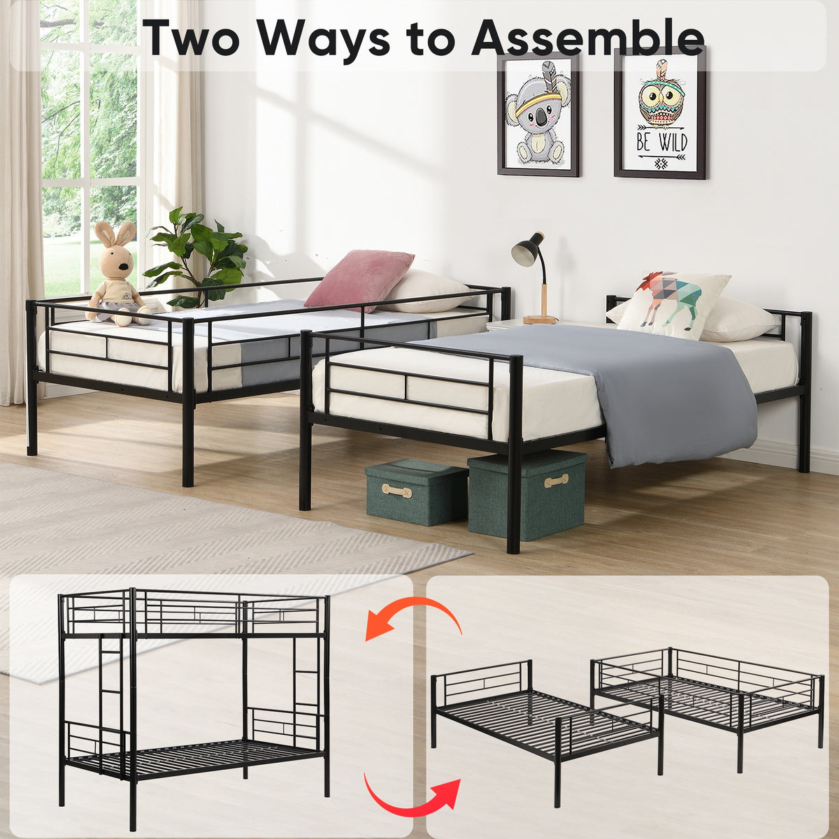 Twin Over Twin  Metal  Bunk Bed with trundle  Black