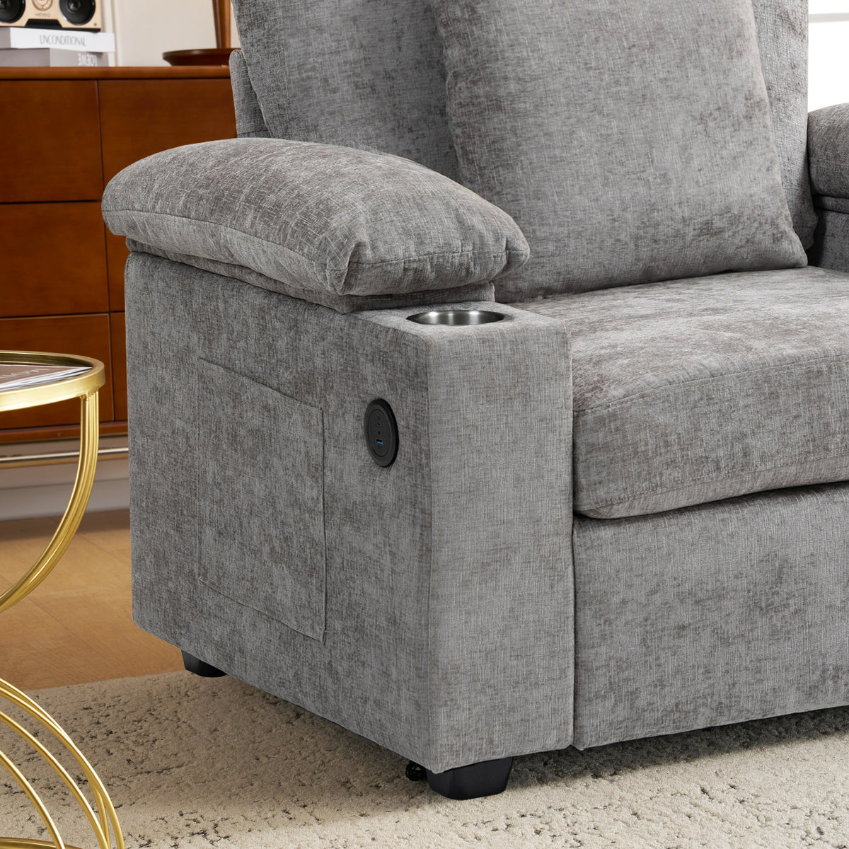 Ergonomic Oversized Chair with Ottoman - Firm Support Chenille Sofa, Accent Chair with Cupholders & USB Charging, Lumbar Support for Back Pain Relief, Living Room & Office