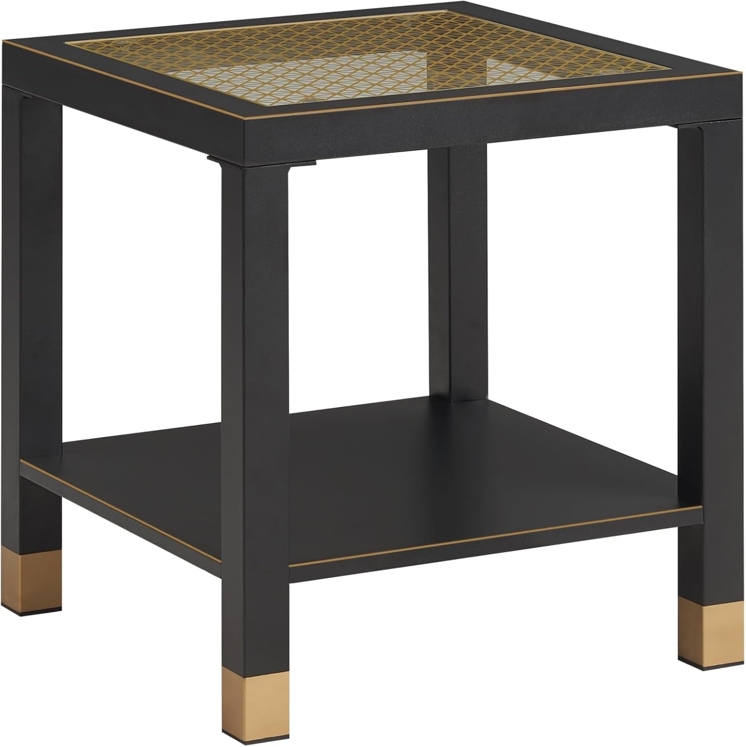 Square Side Table with Shelf, Boho Style Side Table for Living Room, Tempered Glass End Table with Metal Frame, Nightstand for Bedroom, 2-Tier, Black