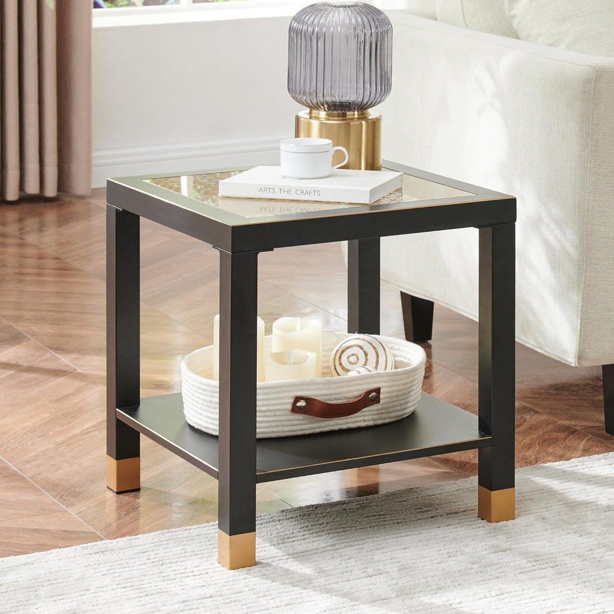 Square Side Table with Shelf, Boho Style Side Table for Living Room, Tempered Glass End Table with Metal Frame, Nightstand for Bedroom, 2-Tier, Black
