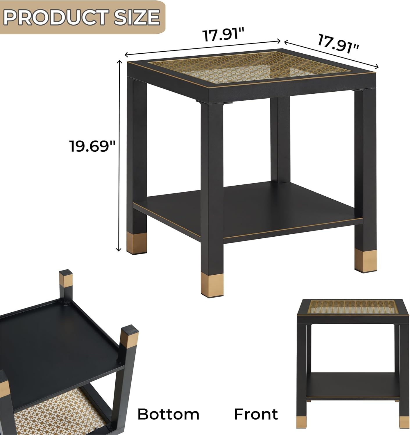 Square Side Table with Shelf, Boho Style Side Table for Living Room, Tempered Glass End Table with Metal Frame, Nightstand for Bedroom, 2-Tier, Black