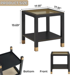 Square Side Table with Shelf, Boho Style Side Table for Living Room, Tempered Glass End Table with Metal Frame, Nightstand for Bedroom, 2-Tier, Black