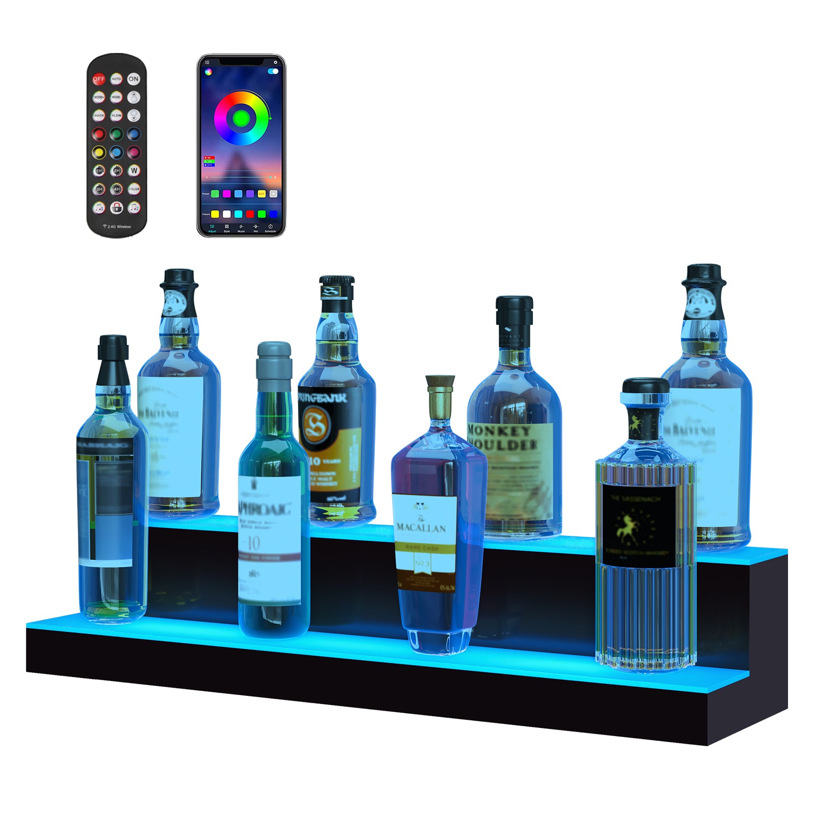 LED Lighted Liquor Bottle Display, 2 Tiers 30 Inches, Illuminated Home Bar Shelf with RF Remote & App Control 7 Static Colors 1-4 H Timing, Acrylic Drinks Lighting Shelf for Holding 16 Bottles