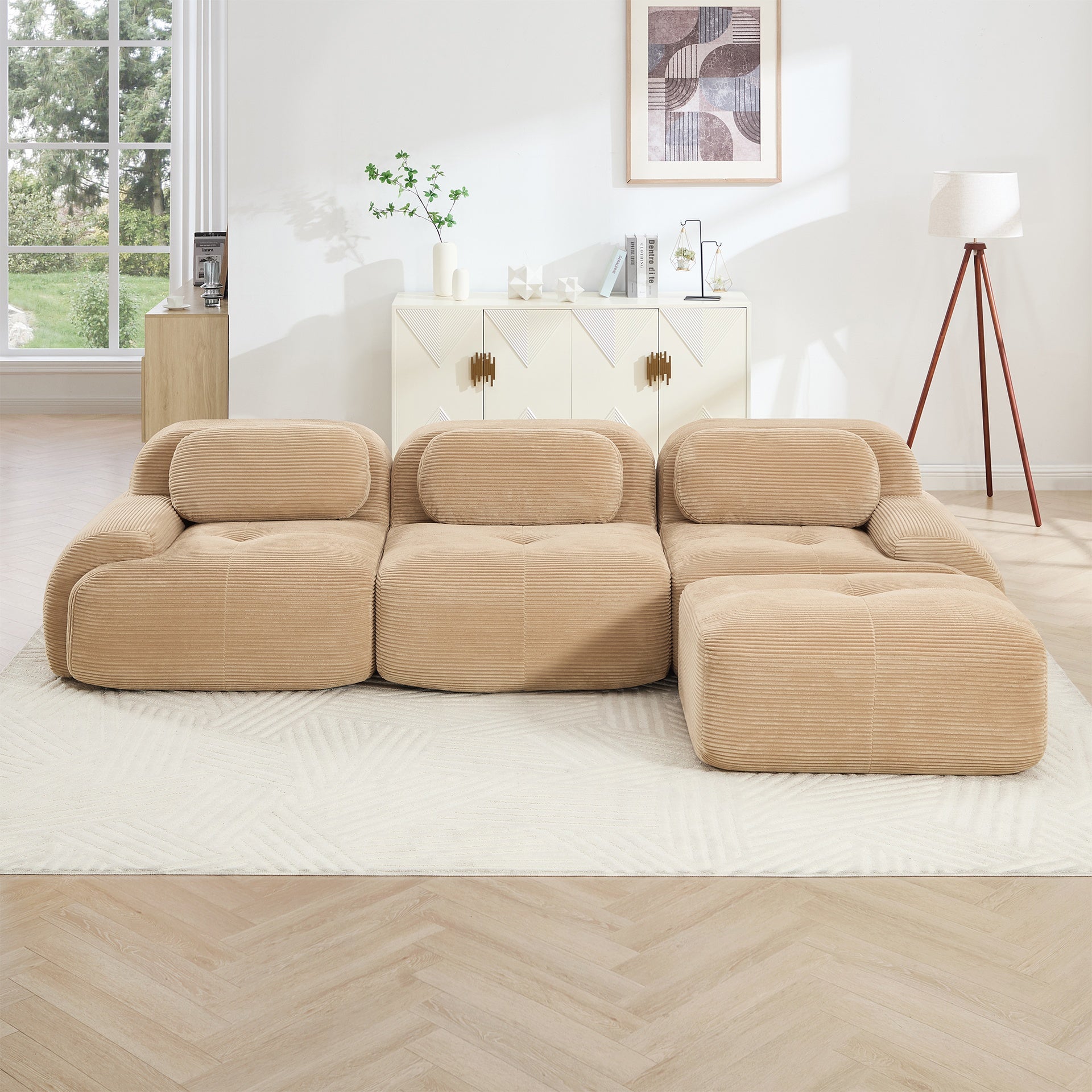 L-shaped modular sofa no assembly ergonomic design pet-friendly luxuryCorduroy Fabric fabric extra-wide curved armrests 32D high-resilience sponge for living rooms bedroom ,Camel