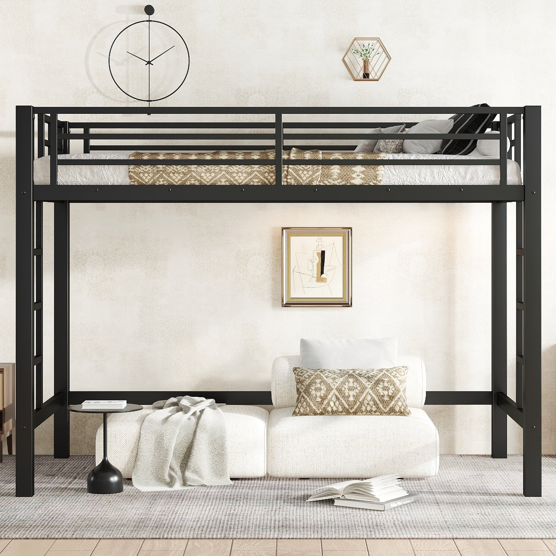 Twin  XL Size Metal Loft Bed, Loft Bed with Easy Climbing Ladder and Guardrails , Black