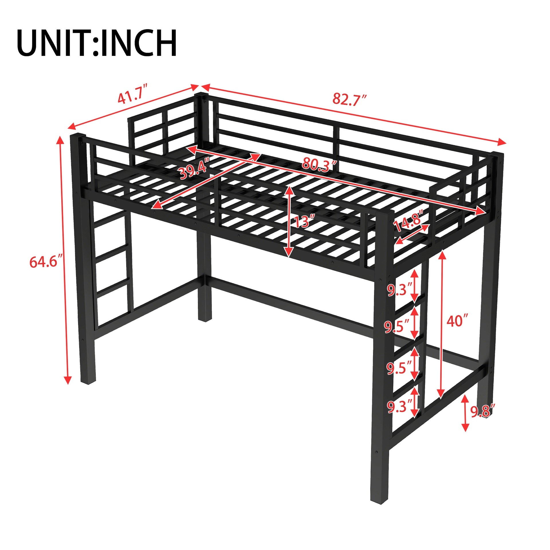 Twin  XL Size Metal Loft Bed, Loft Bed with Easy Climbing Ladder and Guardrails , Black