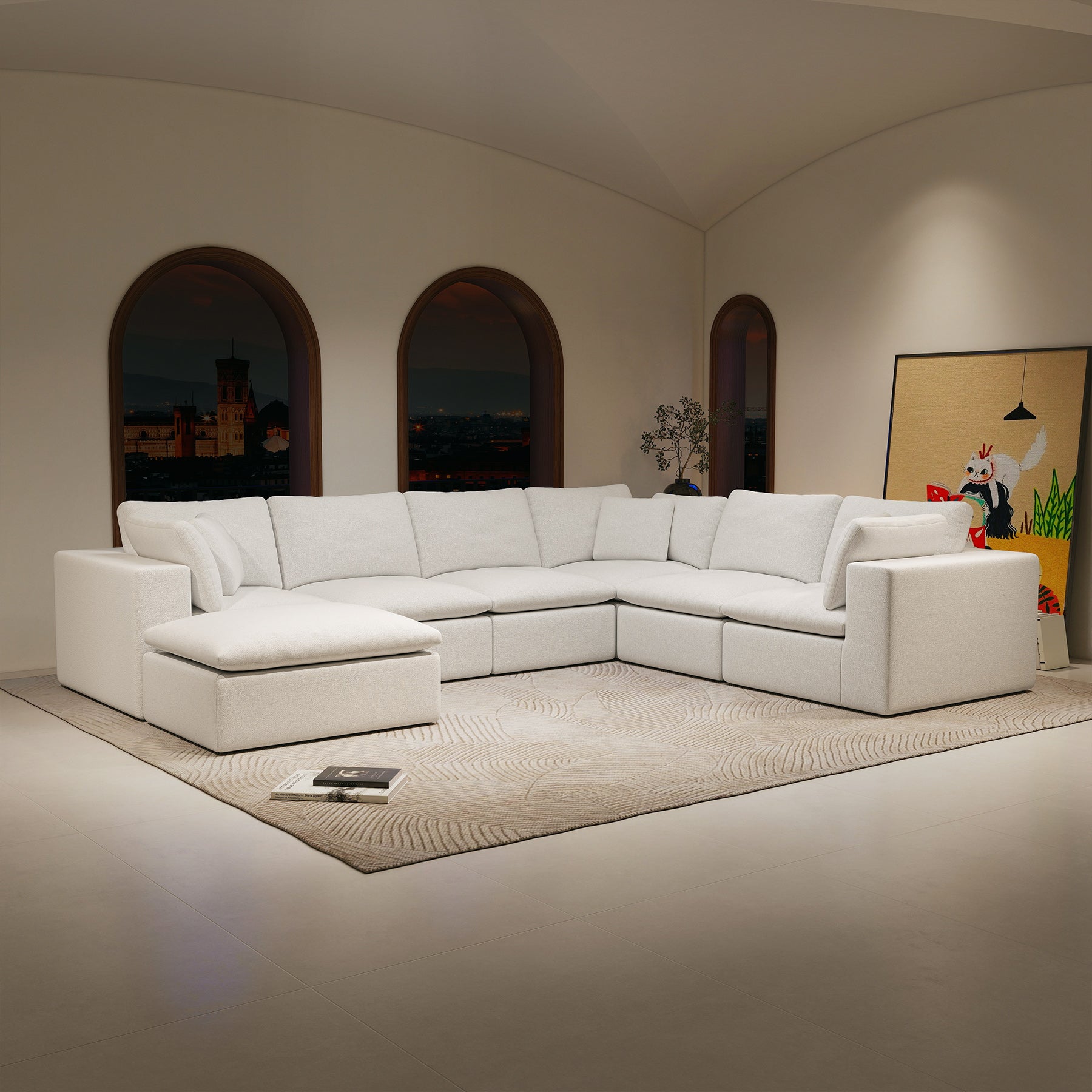 137.8*108.3"Modular sectional sofa seat,Upholstered compressed couch for living room,Bedroom,Apartment,No assembly required,7PC free combination,Plush corduroy fabric,WHITE