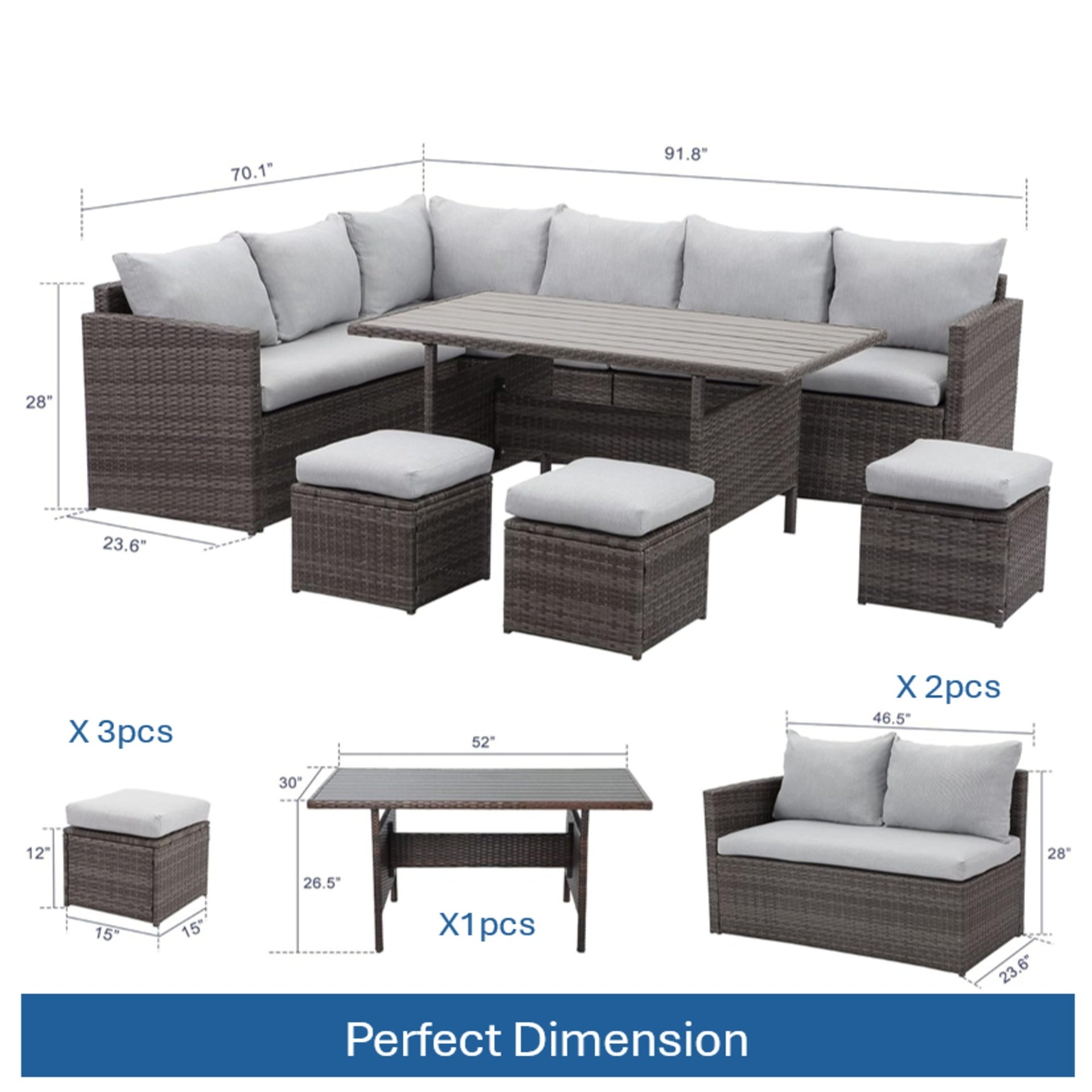 7 Piece  Wicker Outdoor Dining Set,  9-Seat  Outdoor Sectional Gray Cushions Sofa with Ottomans & Dining Table for Porch Backyard Garden